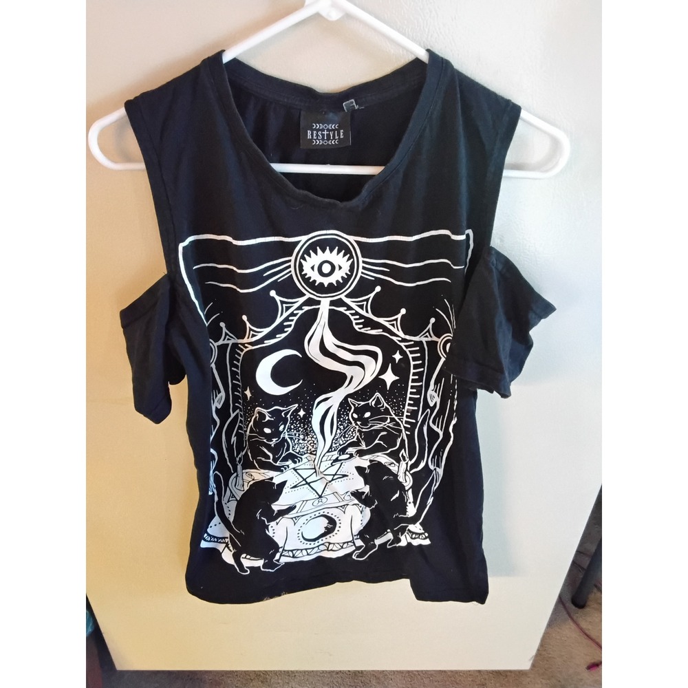 Restyle Black Cold Shoulder Occult Cat Pentagram Graphic Tee Gothic Top Large